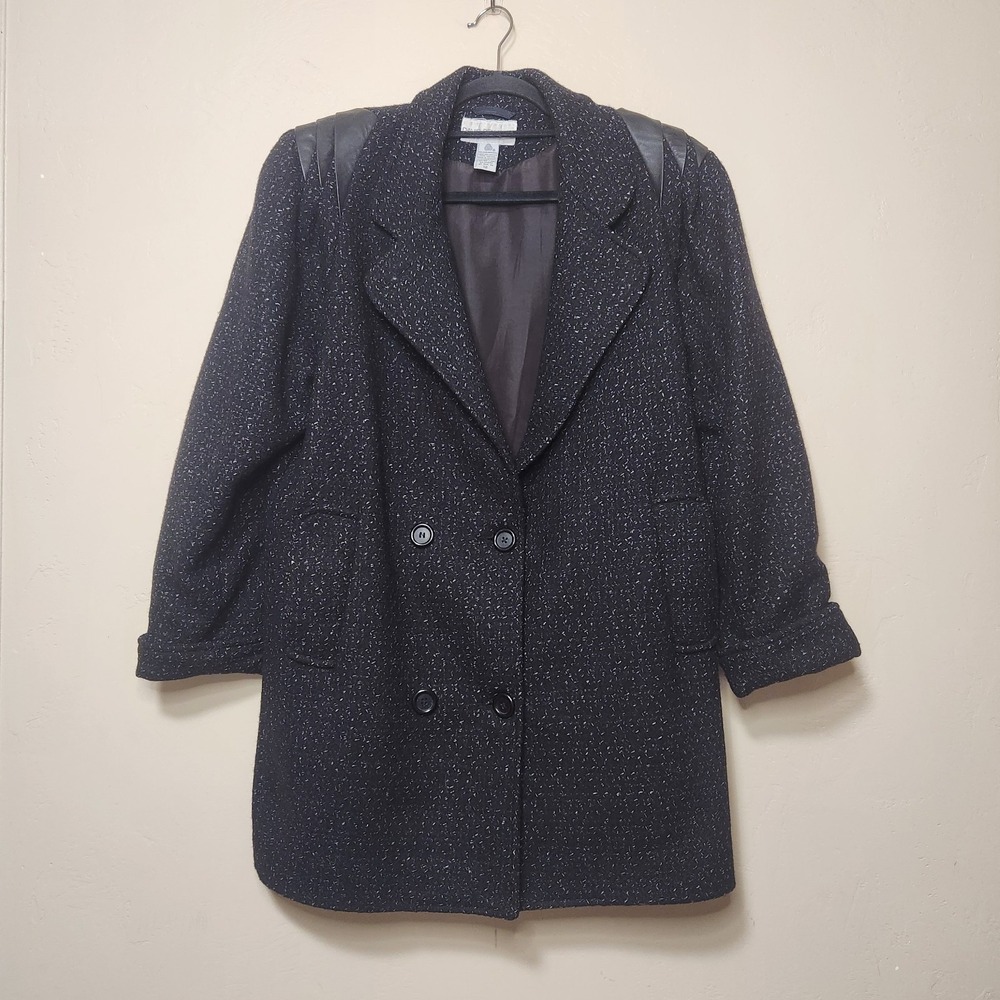 David Benjamin Black Pea Coat Wool and Leather Womens Size 12‎